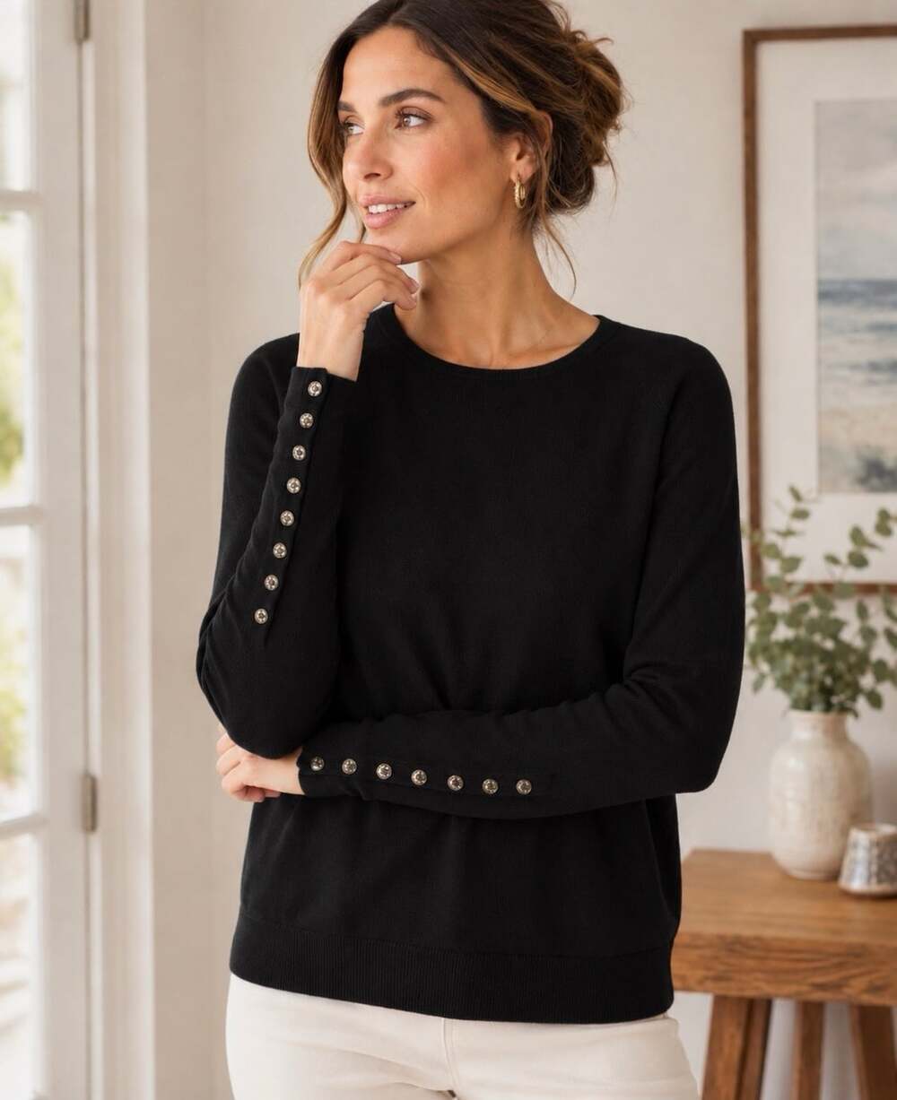 J McLaughlin Black Jamey Sweater M Button Cuff Crewneck Knit Pullover Lightweigh